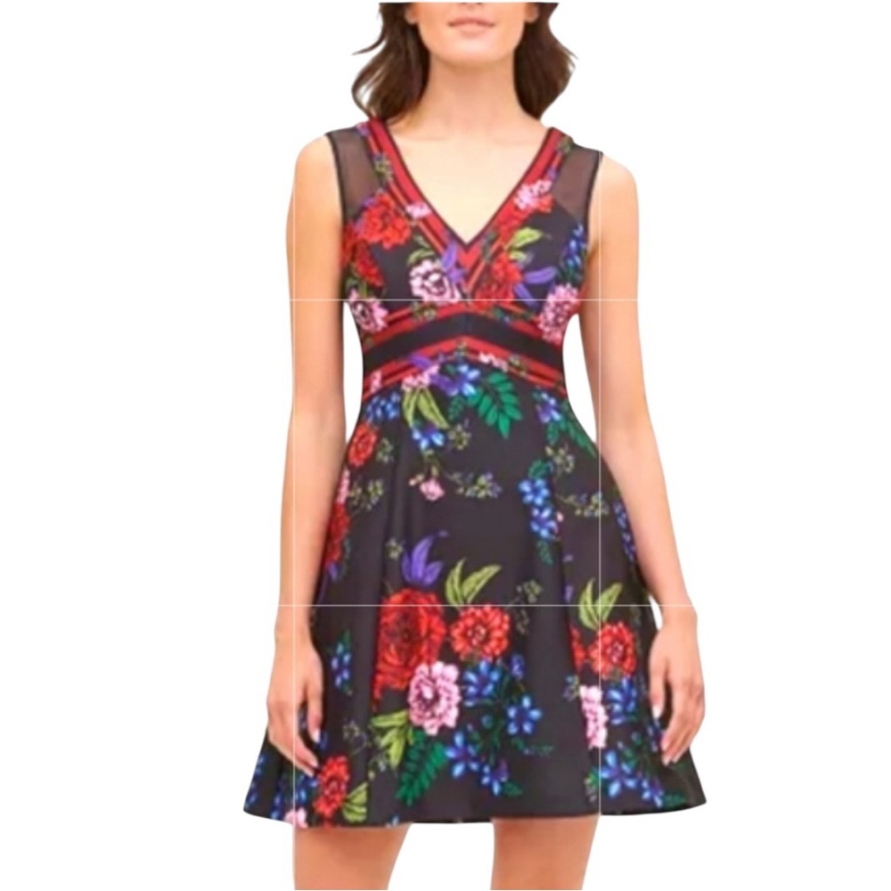Guess Dark Floral Print A-line Mini Dress Romantic Sleeveless Mesh Insets Size 8